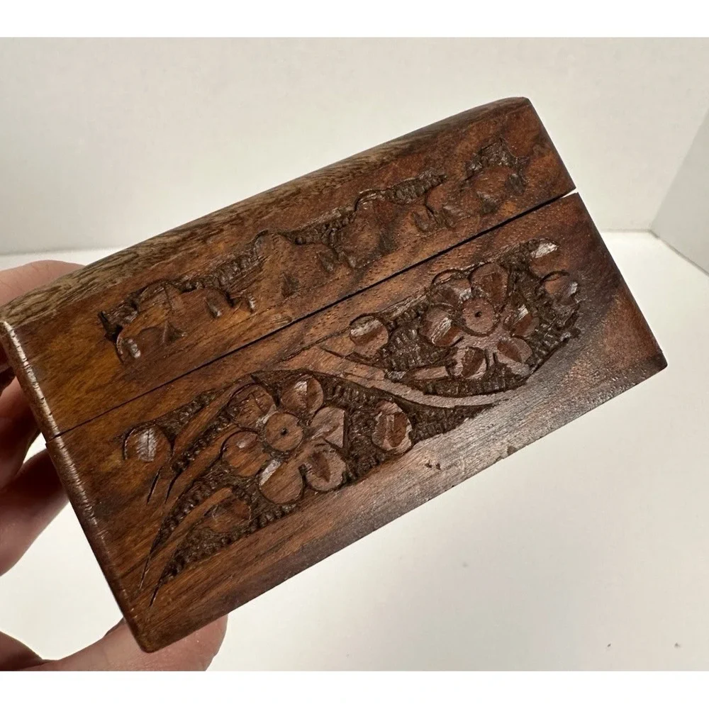 Carved Wood Trinket Jewelry Box Square Inlay Floral Made in India 4
